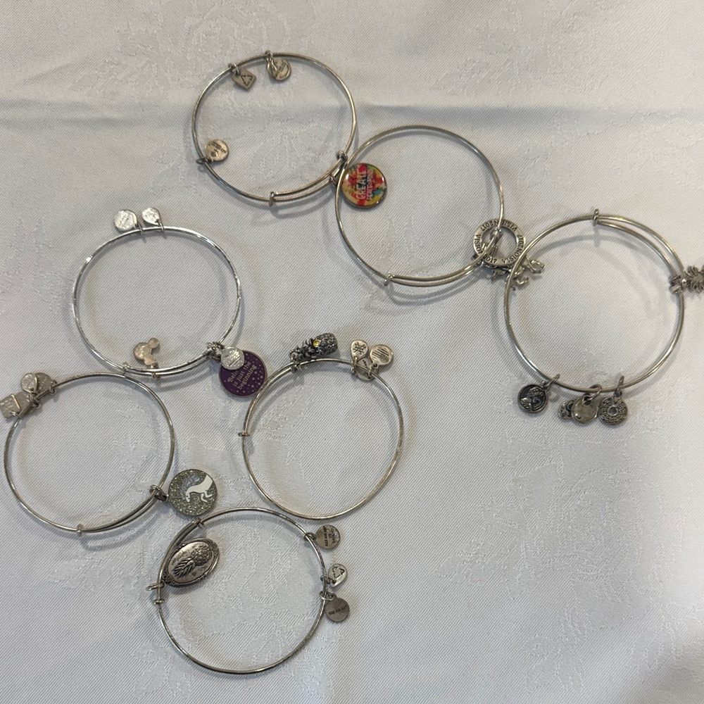 7 Silver Charm Bangle Bracelets Set
